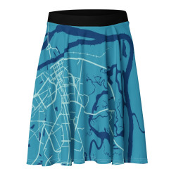 Custom teal Map Skirt featuring a detailed coastal street map design, shown on a white background with a black waistband.