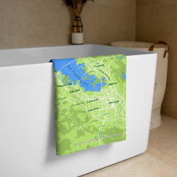 Custom green Map Beach Towel featuring a San Francisco Bay Area map design, shown hanging over the side of a bathtub.