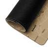 Close-up of a custom map gaming mouse pad showing the tan map design, stitched edge, and black textured backing.