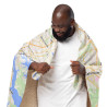 Custom Map Blanket with a light road map design, shown wrapped around a person to highlight its soft sherpa-style backing.