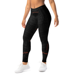Custom black Map Leggings featuring a subtle dark street map design with orange label details, shown with white athletic shoes.
